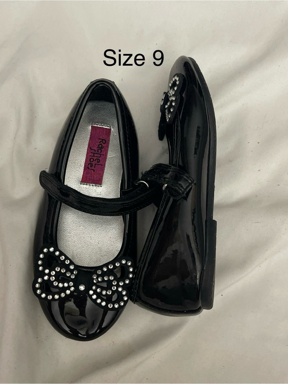 Rachel Shoes Black Patent Mary Jane with Crystal Bow Accent